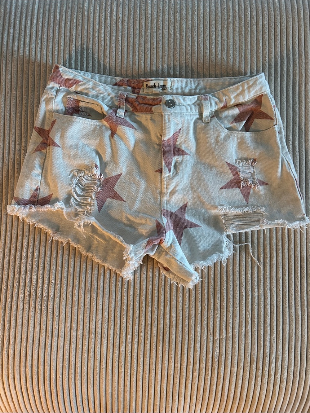 Peach Love California Light Blue Denim Shorts with Rose Star Print large